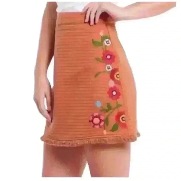 GB Gianni Bini Floral Embroidered Mini Skirt Womens sz Large orange brown fringe - Picture 2 of 9